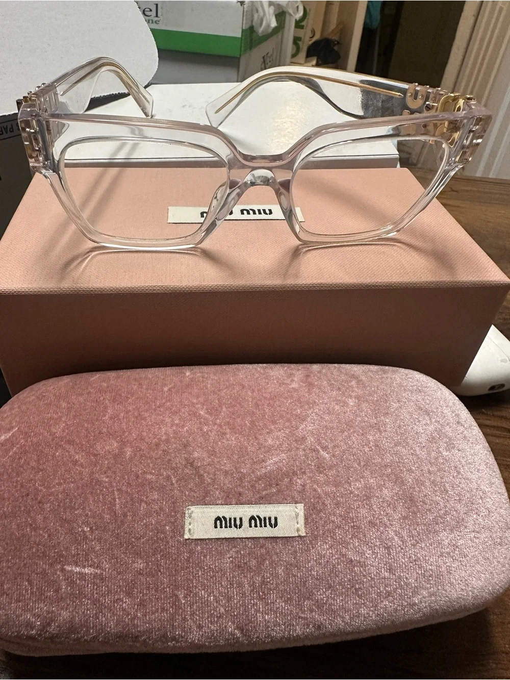 Miu Miu Transparent Clear Square Frame Glasses with Gold Logo Hardware